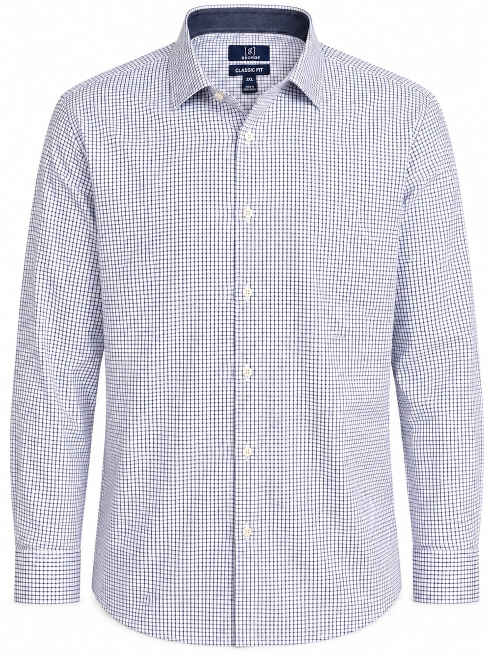 George Mens 2XL 50-52 Blue White Check Long Sleeve Dress Shirt Wrinkle Resistant - Picture 2 of 12